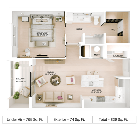 Floor plan for 1 bed, 1 bath, 765 sqft